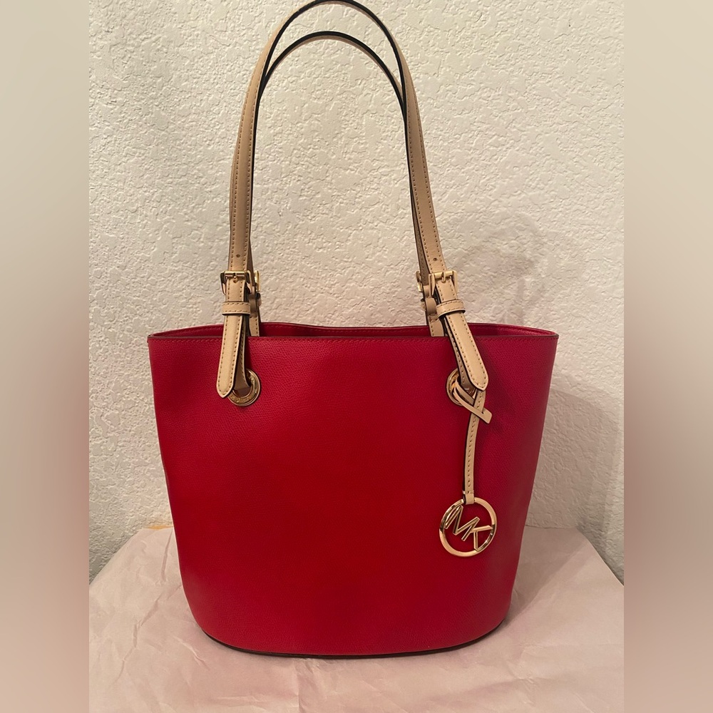 Michael Kors Red Tote with Beige Straps and Gold Hardware